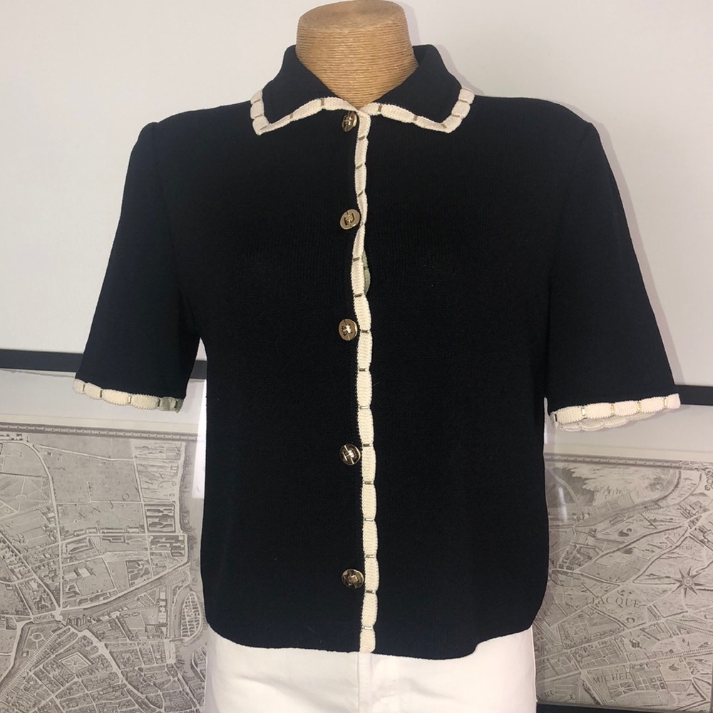 ST.JOHN collection by Marie Gray Black Short Sleeve Cardigan with Cream Size 8